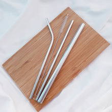Load image into Gallery viewer, Reusable Stainless Steel Straw w/ Blue & White Striped Design Pouch