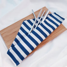 Load image into Gallery viewer, Reusable Stainless Steel Straw w/ Blue &amp; White Striped Design Pouch