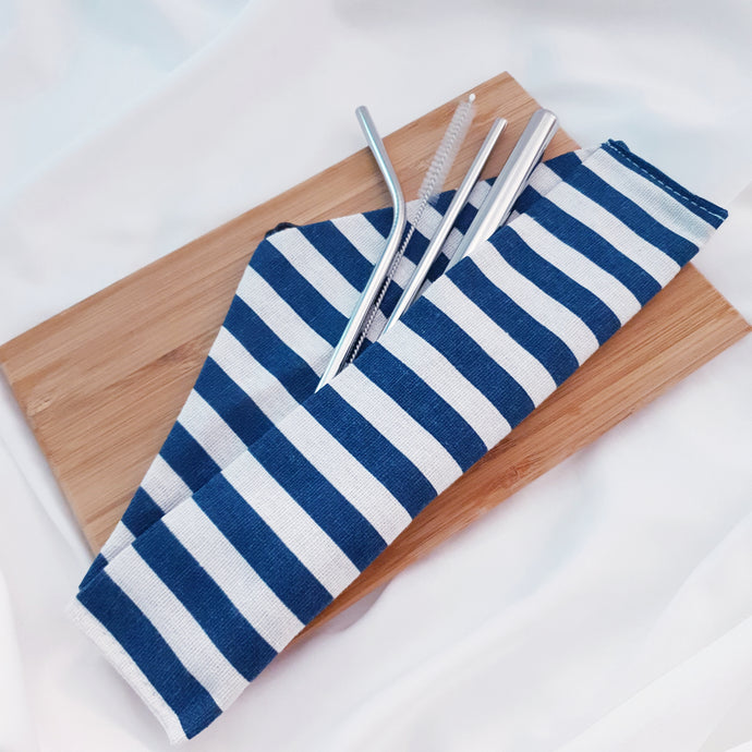 Reusable Stainless Steel Straw w/ Blue & White Striped Design Pouch